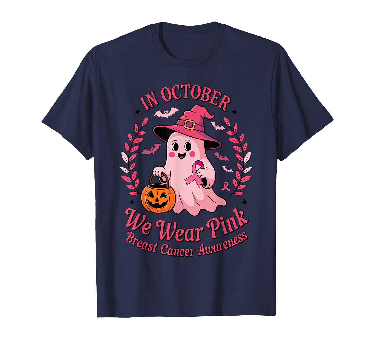Ghost Witch in October We Wear Pink Pumpkin Breast Cancer T-Shirt