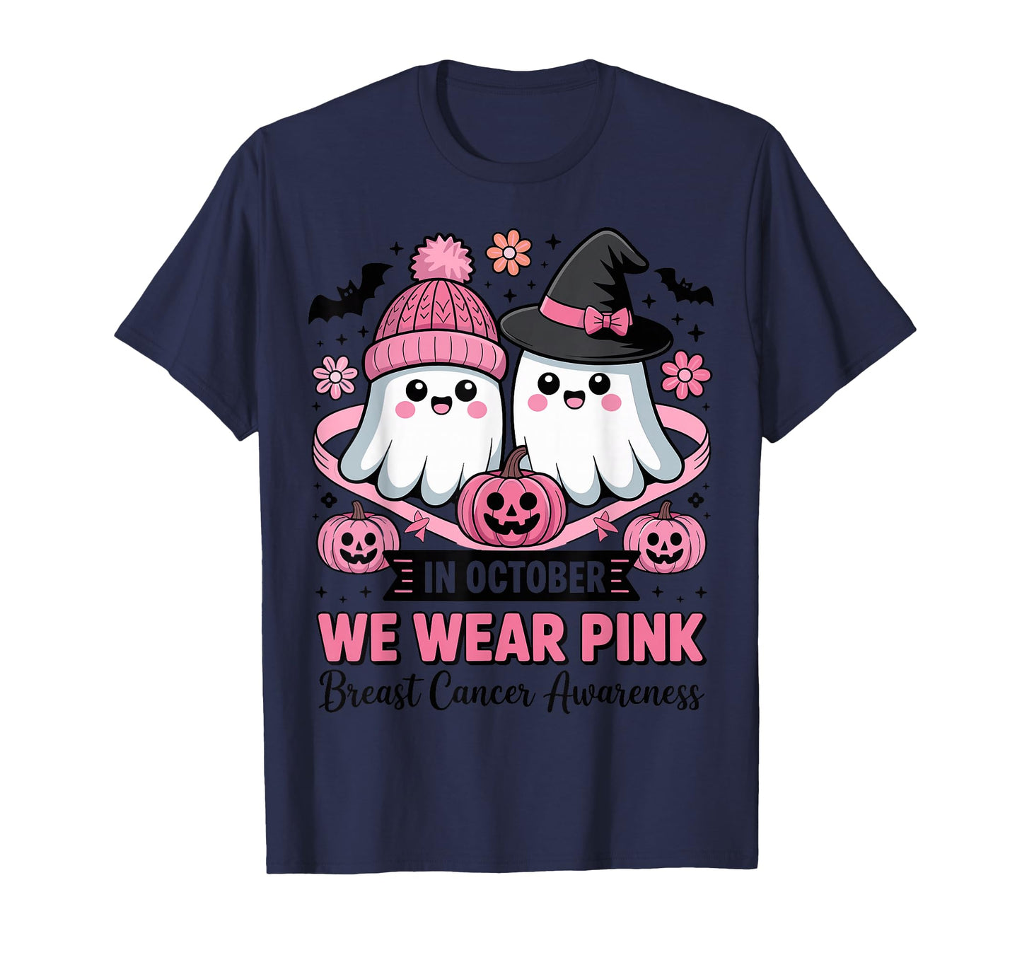 in October We Wear Pink Ghost Witch Breast Cancer Awareness T-Shirt
