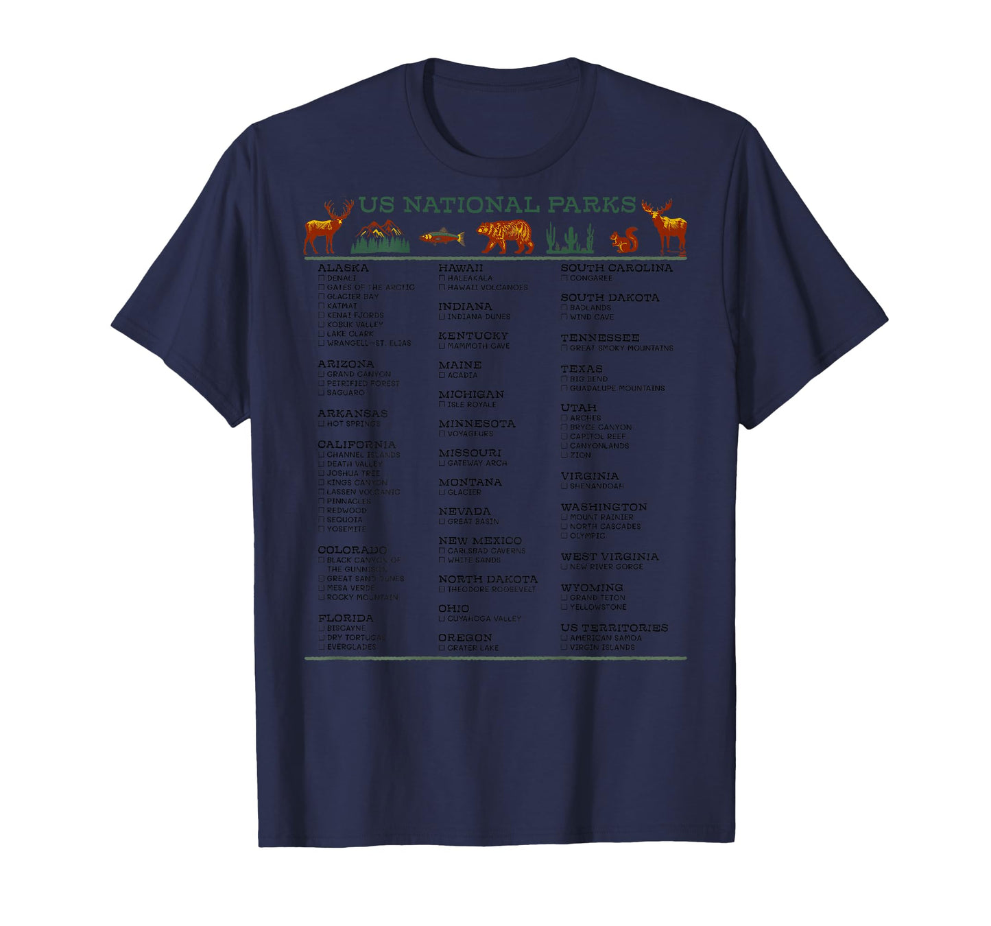 US National Parks Checklist List by State DESIGN ON BACK T-Shirt