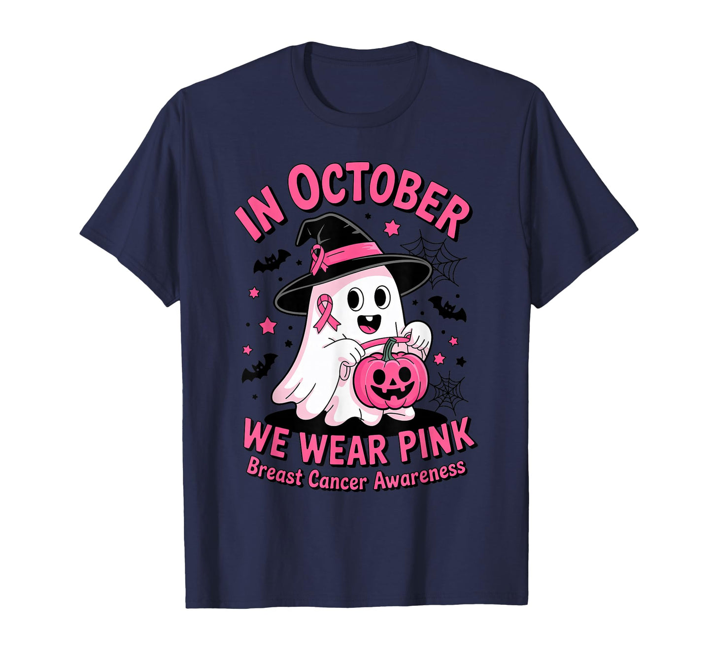 Halloween Ghost Witch Hat Breast Cancer Awareness Men Women T-Shirt