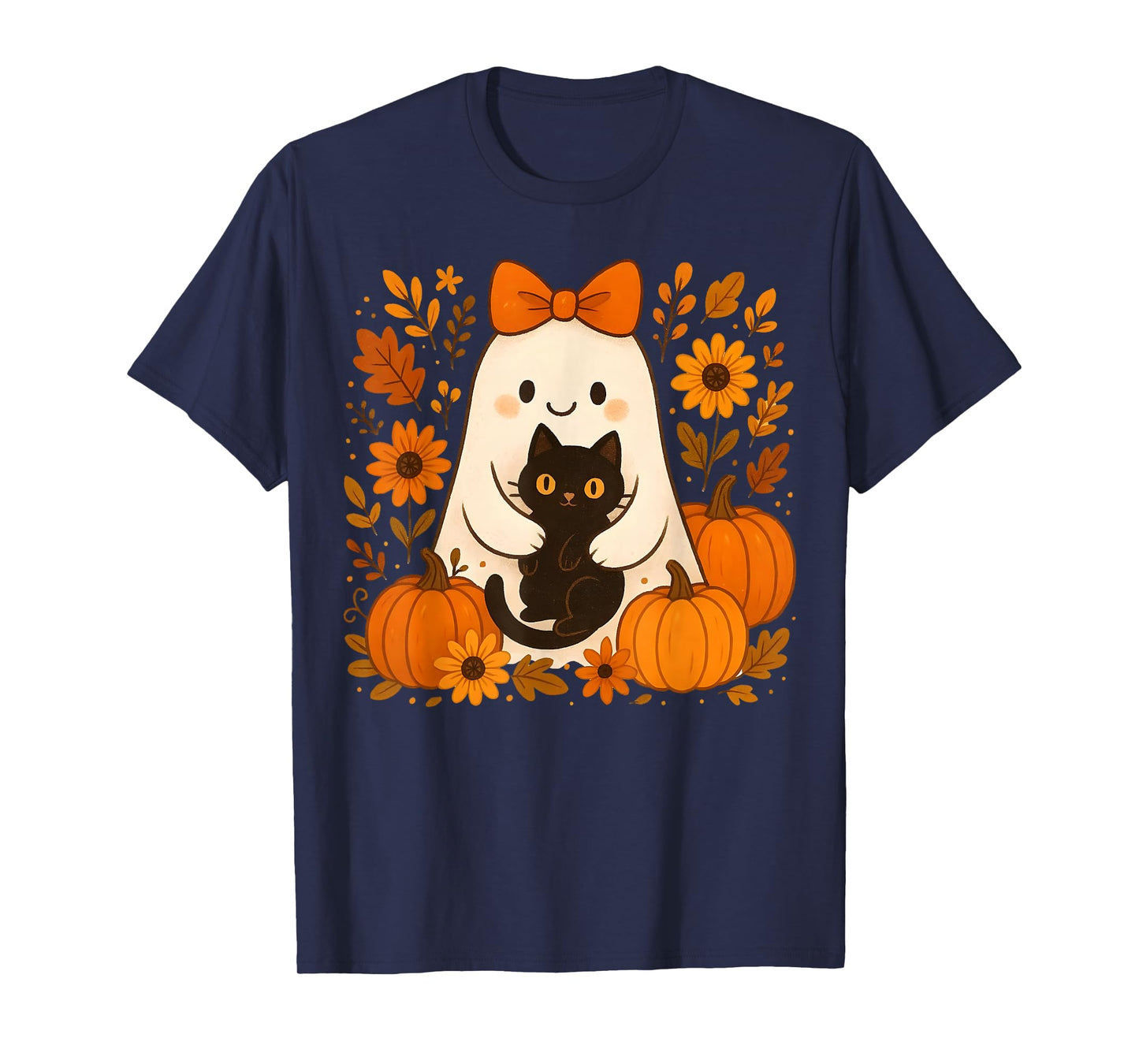 Vintage Halloween Ghost Holding Black Cat Groovy Floral T-Shirt