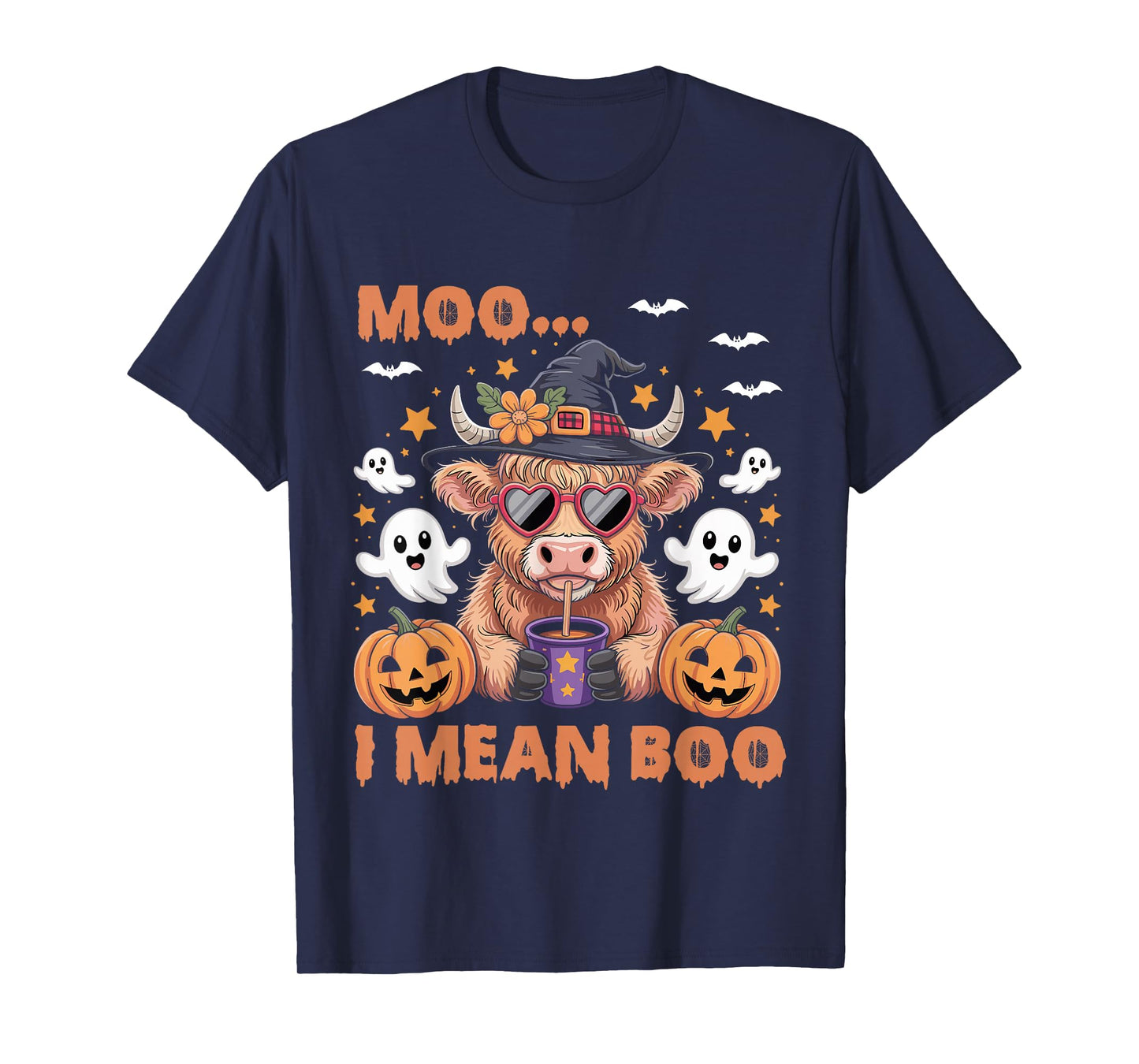 Moo I Mean Boo Witch Highland Cow Halloween Costume T-Shirt