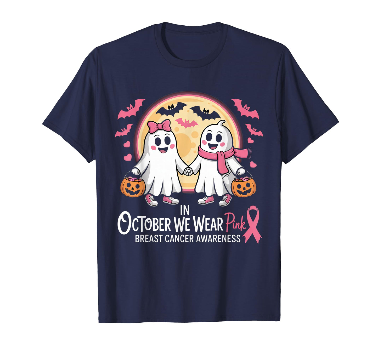 in October We Wear Pink Ghost Witch Breast Cancer Awareness T-Shirt
