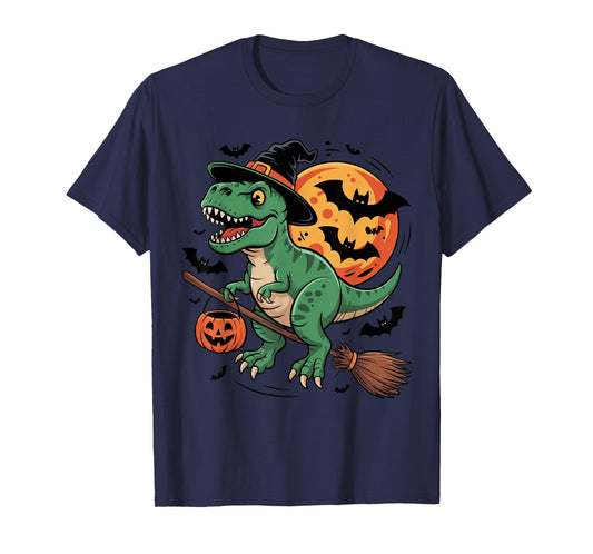 Dinosaur in Witch Hat on a Broom Halloween Spooky Costume T-Shirt