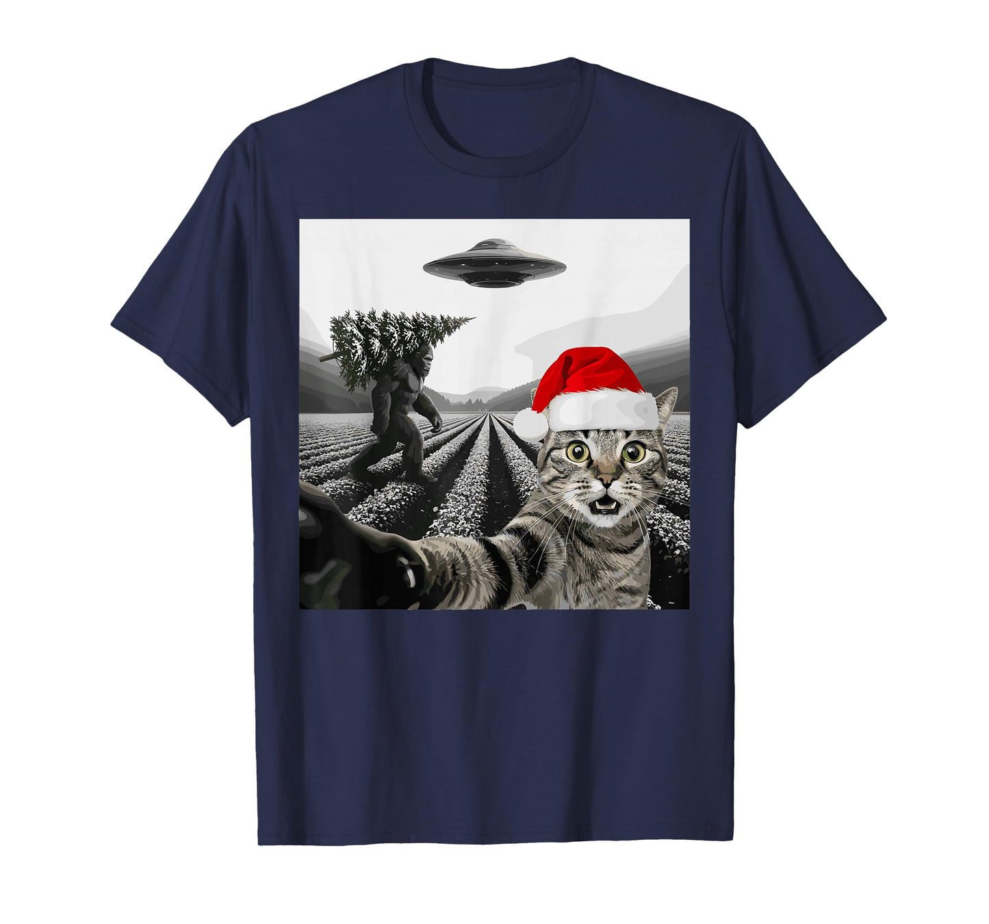Christmas Cat Selfie Bigfoot UFO Holiday Scene T-Shirt