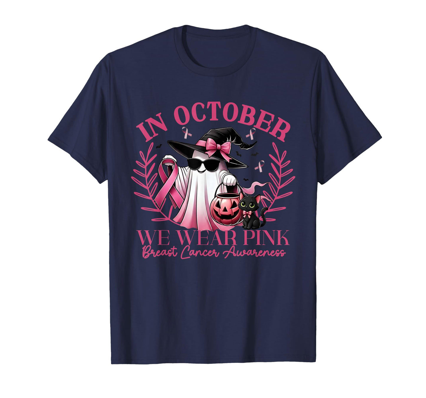 in October We Wear Pink Breast Cancer Awareness Ghost Cat T-Shirt