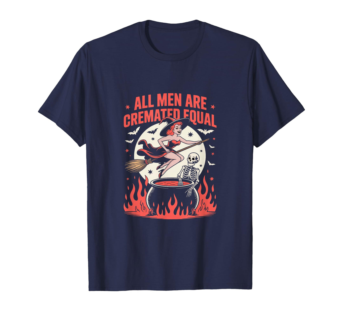 Vintage Halloween Witch Skeleton Retro Moon Bats Flames T-Shirt