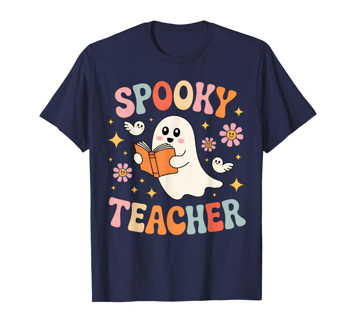 Groovy Spooky Season Teacher Halloween Retro Floral Ghost T-Shirt