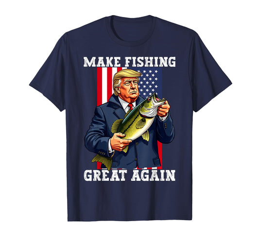 Patriotic Fisherman 'Make Fishing Great Again' Funny Bass Fishing Humor Trump T-Shirt - Black, Unisex-Adults, Short Sleeve, Classic Fit, Cotton Blend, Small