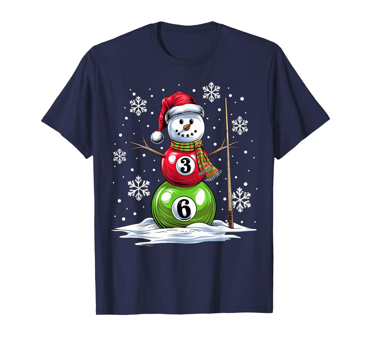 Pool Game Balls Snowman Billiards Player Funny Christmas T-Shirt
