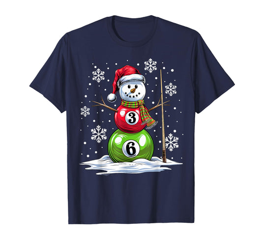 Pool Game Balls Snowman Billiards Player Funny Christmas T-Shirt