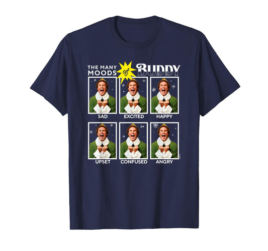Elf Christmas The Many Moods of Buddy Funny Emotions Chart T-Shirt
