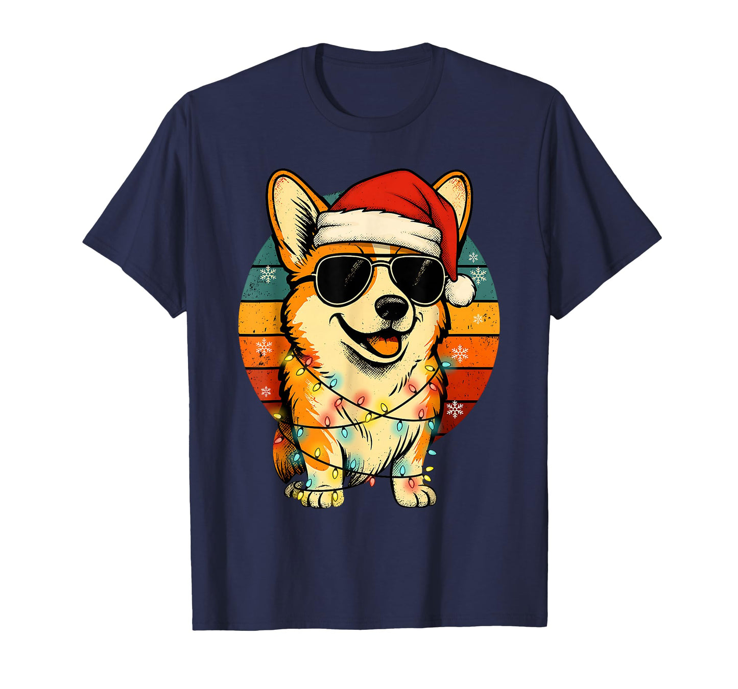 Retro Corgi in Santa Hat Christmas Lights Funny Corgi Xmas T-Shirt