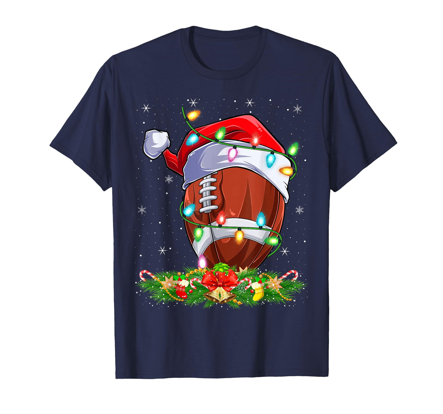 Football Christmas Lights Funny Santa Hat Football Xmas T-Shirt