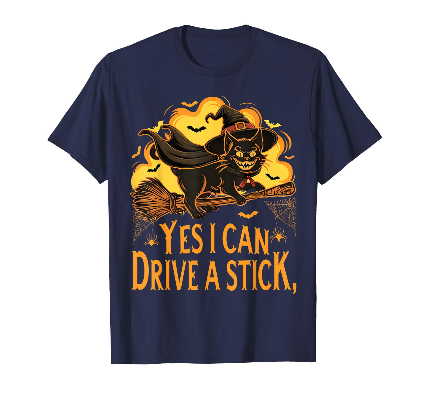 Black Cat Halloween Yes I Can Drive A Stick Funny Witch Cat T-Shirt