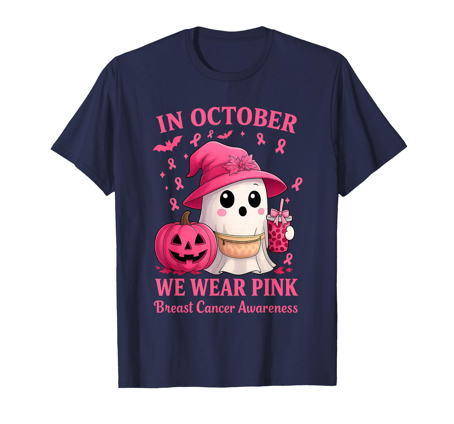 Breast Cancer Halloween in October We Wear Pink Ghost Witch T-Shirt