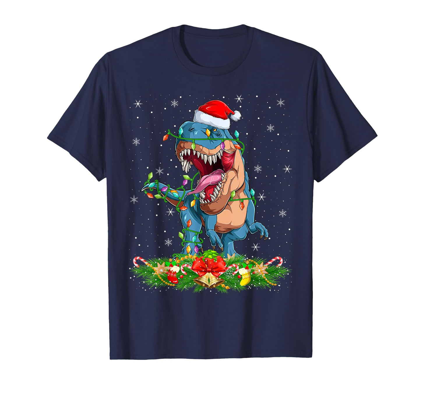 Dinosaur T-Rex Christmas Lights Funny Santa Hat Xmas T-Shirt