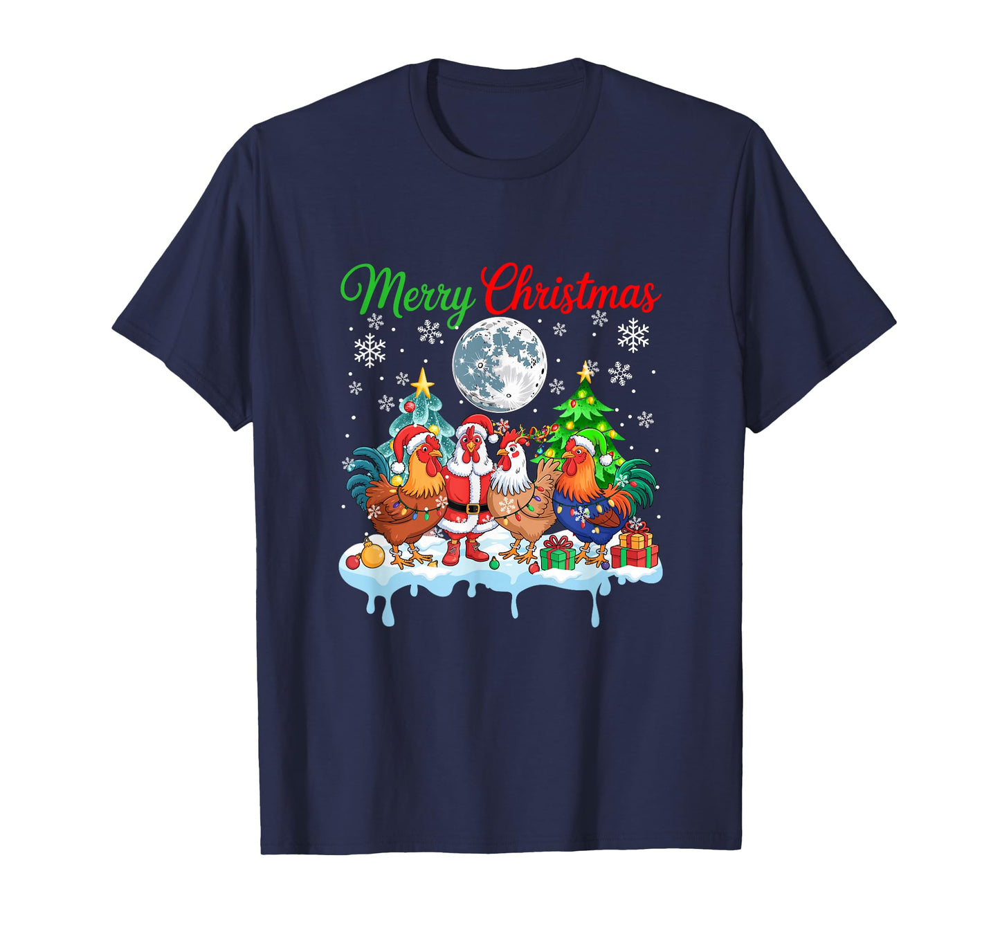 Merry Christmas Snow Group Santa Elf Reindeer Chickens Farm T-Shirt