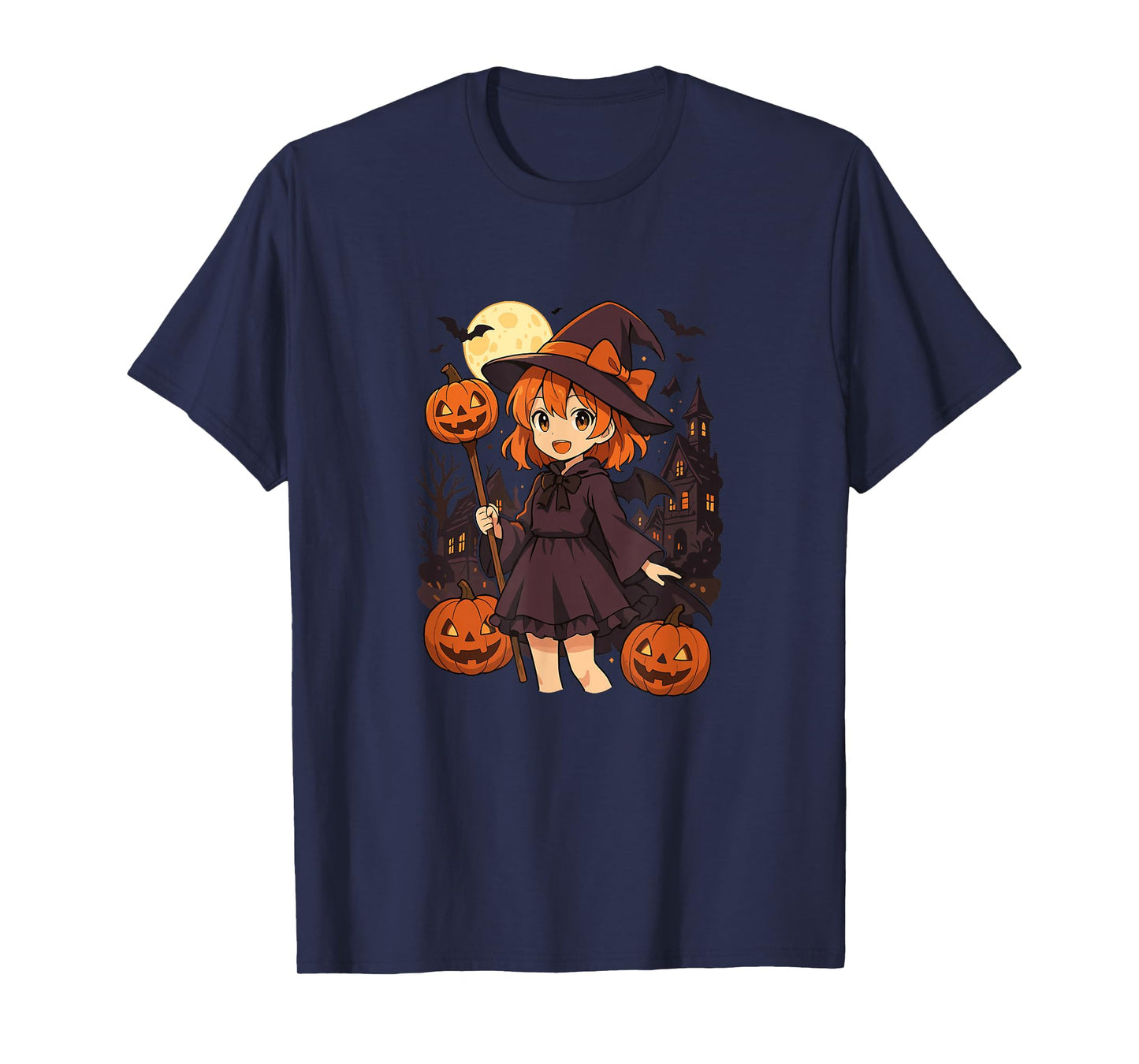 Cute Anime Witch with Pumpkins and Haunted Scary House T-Shirt