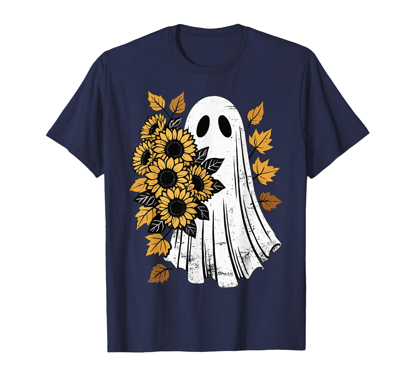 Vintage Halloween Ghost with Sunflowers Autumn Leaves Spooky T-Shirt