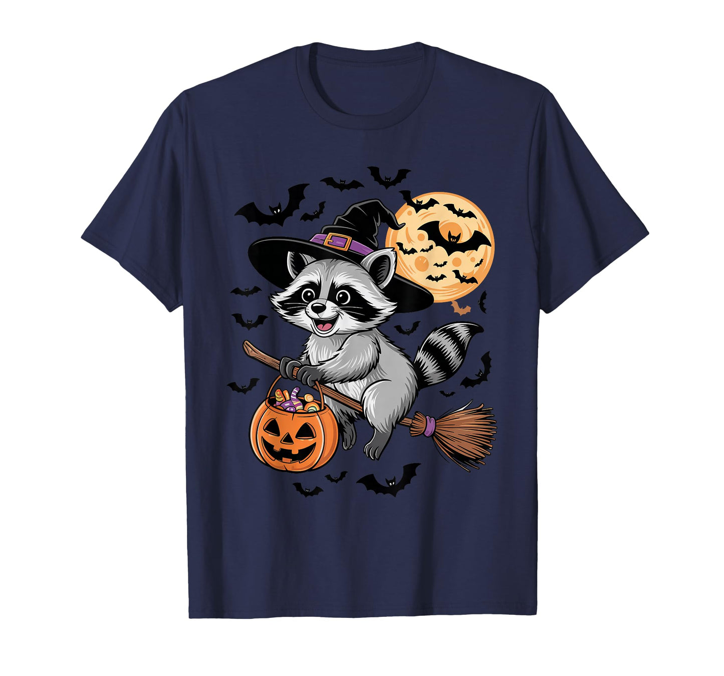 Cute Raccoon Halloween Witch Hat Jack-o-Lantern Candy Bucket T-Shirt