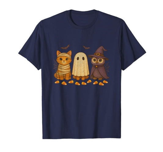 Cute Retro Halloween Mummy Cat, Dog Ghost & Spooky Witch Owl T-Shirt
