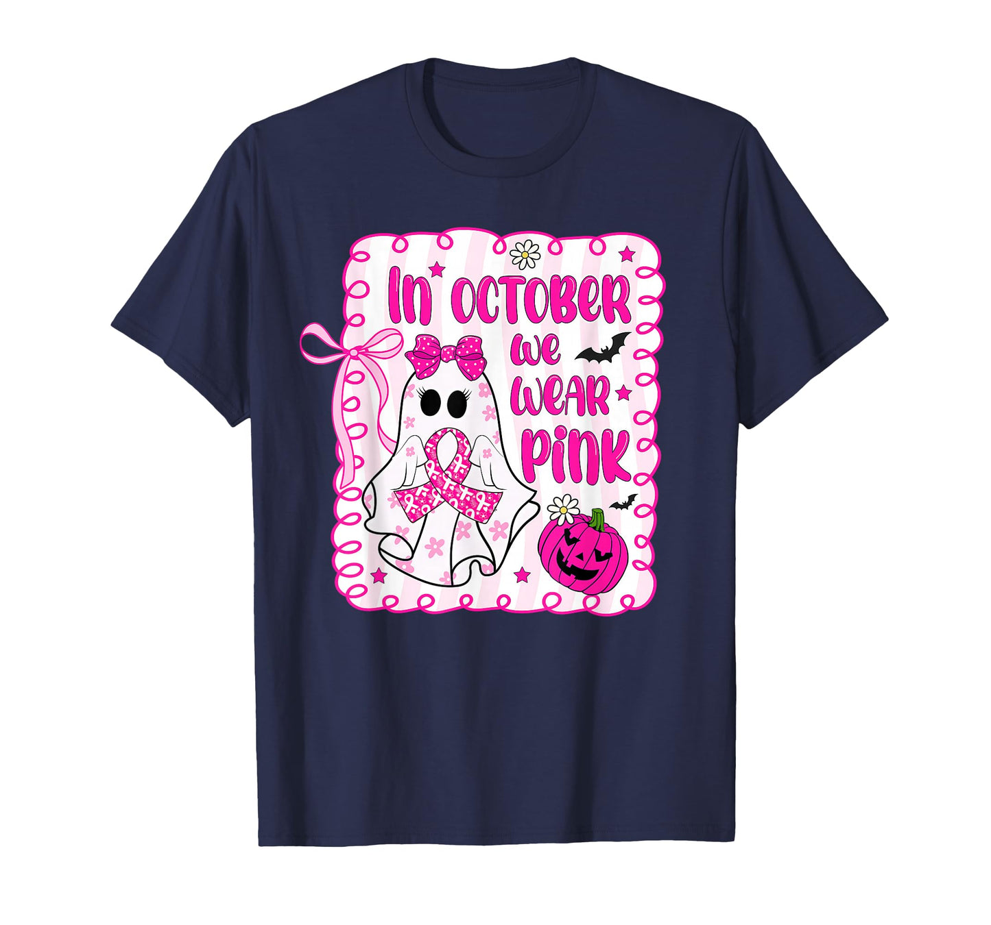 in October We Wear Pink Ghost Witch Breast Cancer Awareness T-Shirt
