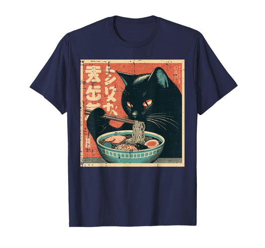Japanese Black Cat Eating Ramen Kitten Food Men Women Kids T-Shirt