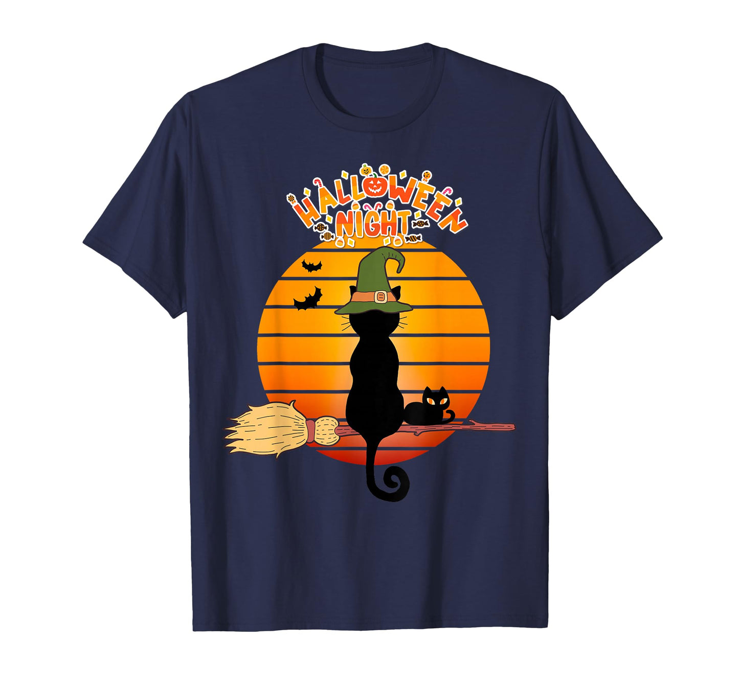 Vintage Halloween Scary Black Cat Witch Hat Moon Witchy T-Shirt