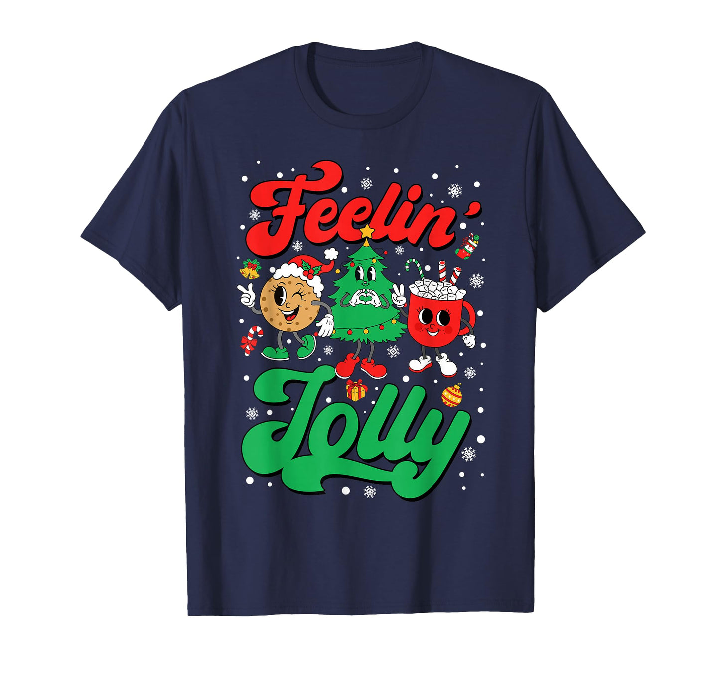 Retro Funny Feeling Jolly Christmas Tree Hot Cocoa Cute Xmas T-Shirt