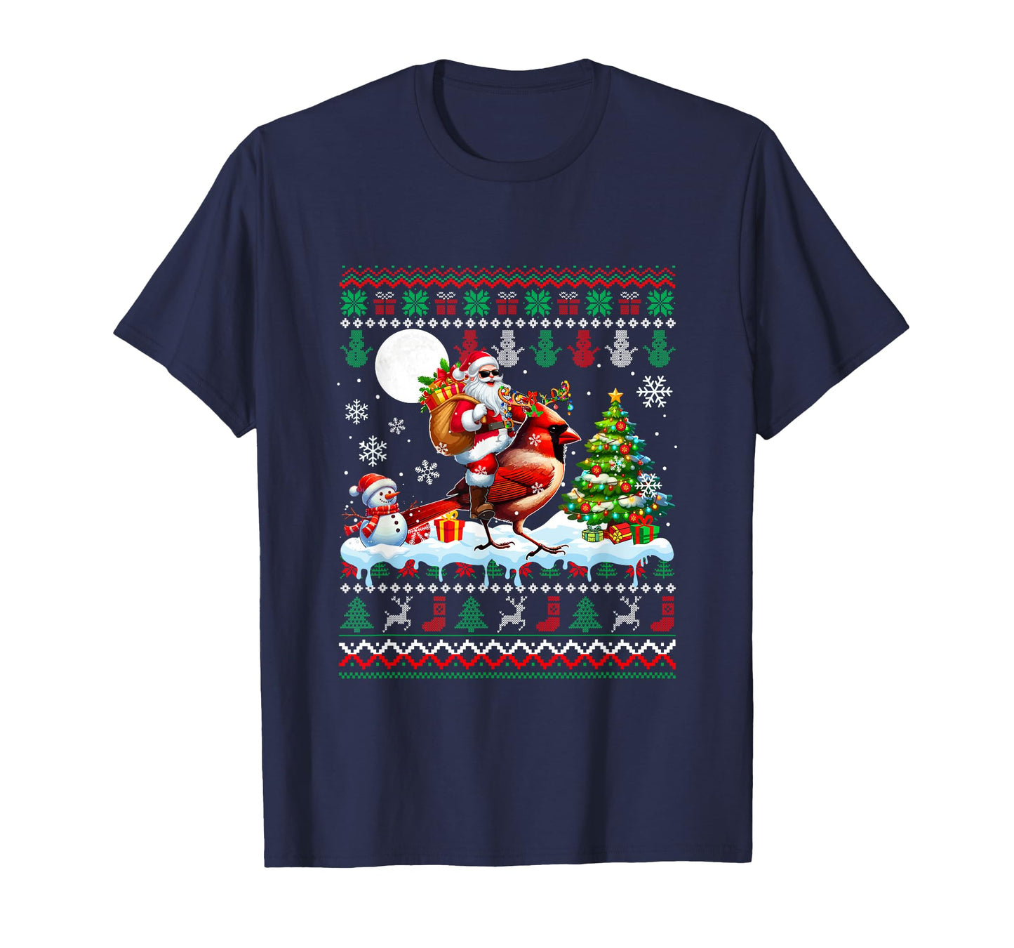 Santa Riding Reindeer Cardinal Bird Sweater Xmas Tree Snowma T-Shirt