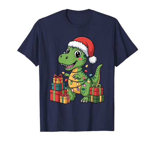 Dinosaur Santa Hat Christmas Design Funny Animal Lovers T-Shirt