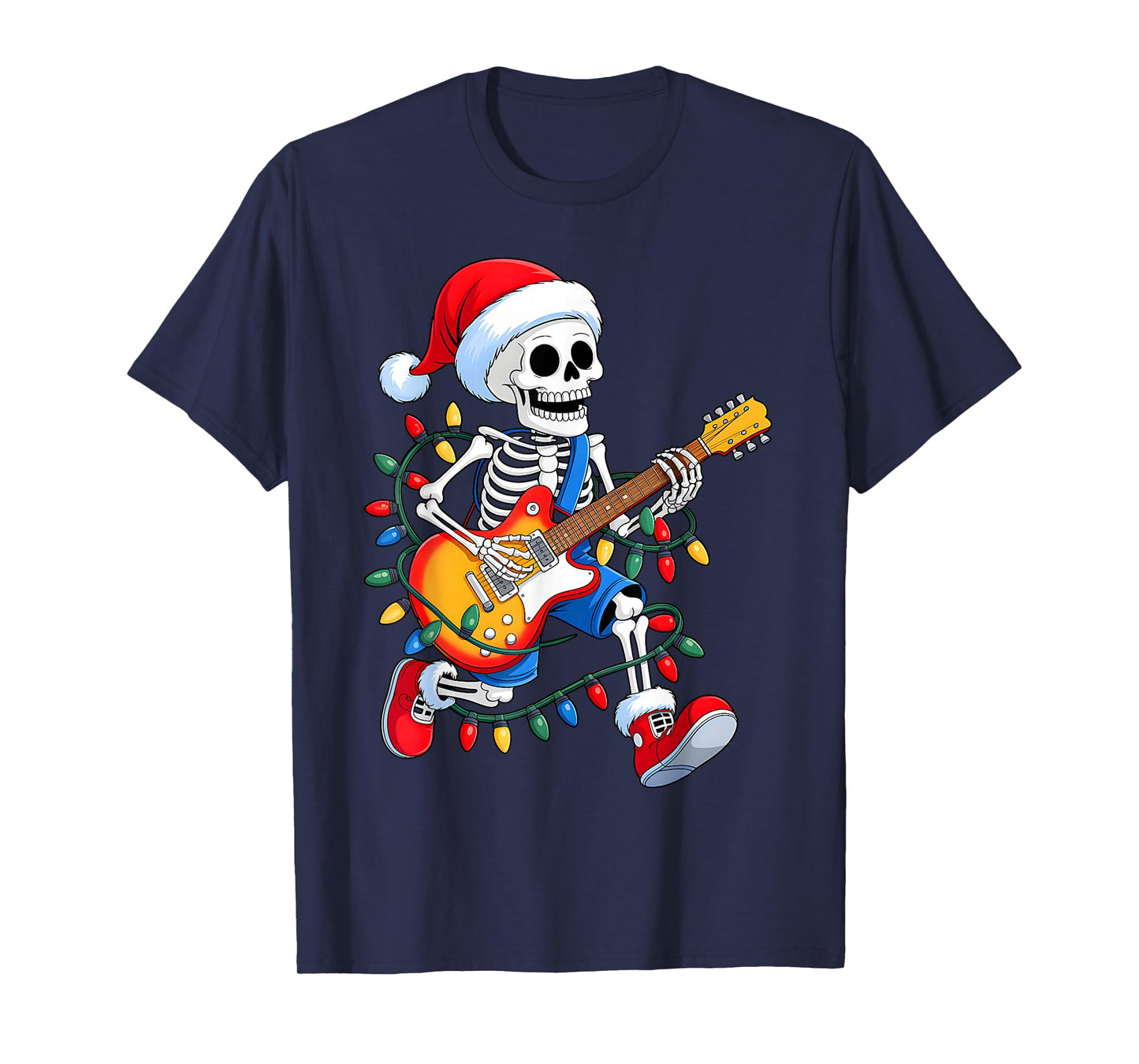 Xmas Santa Skeleton Playing Guitar Rock Funny Christmas T-Shirt