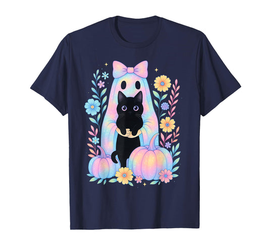 Pastel Galaxy Halloween Ghost Holding Black Cat Floral Girls T-Shirt