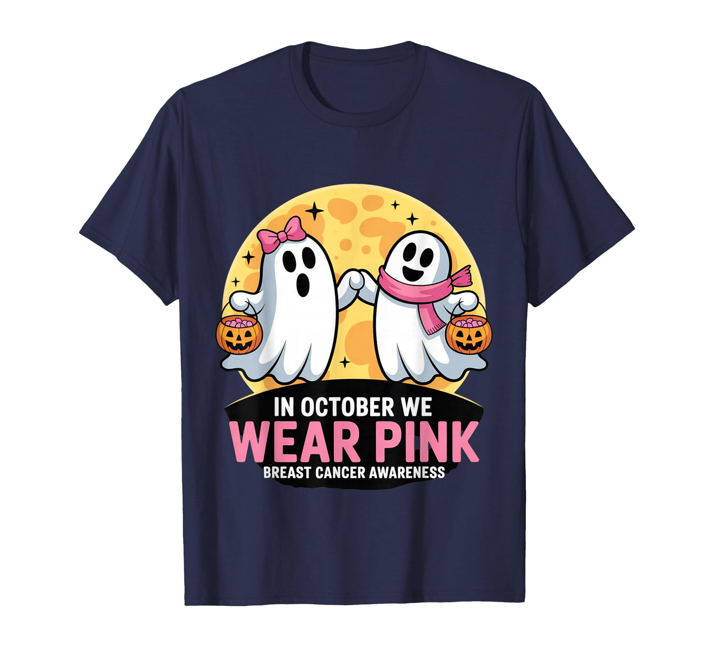 in October We Wear Pink Ghost Witch Breast Cancer Awareness T-Shirt