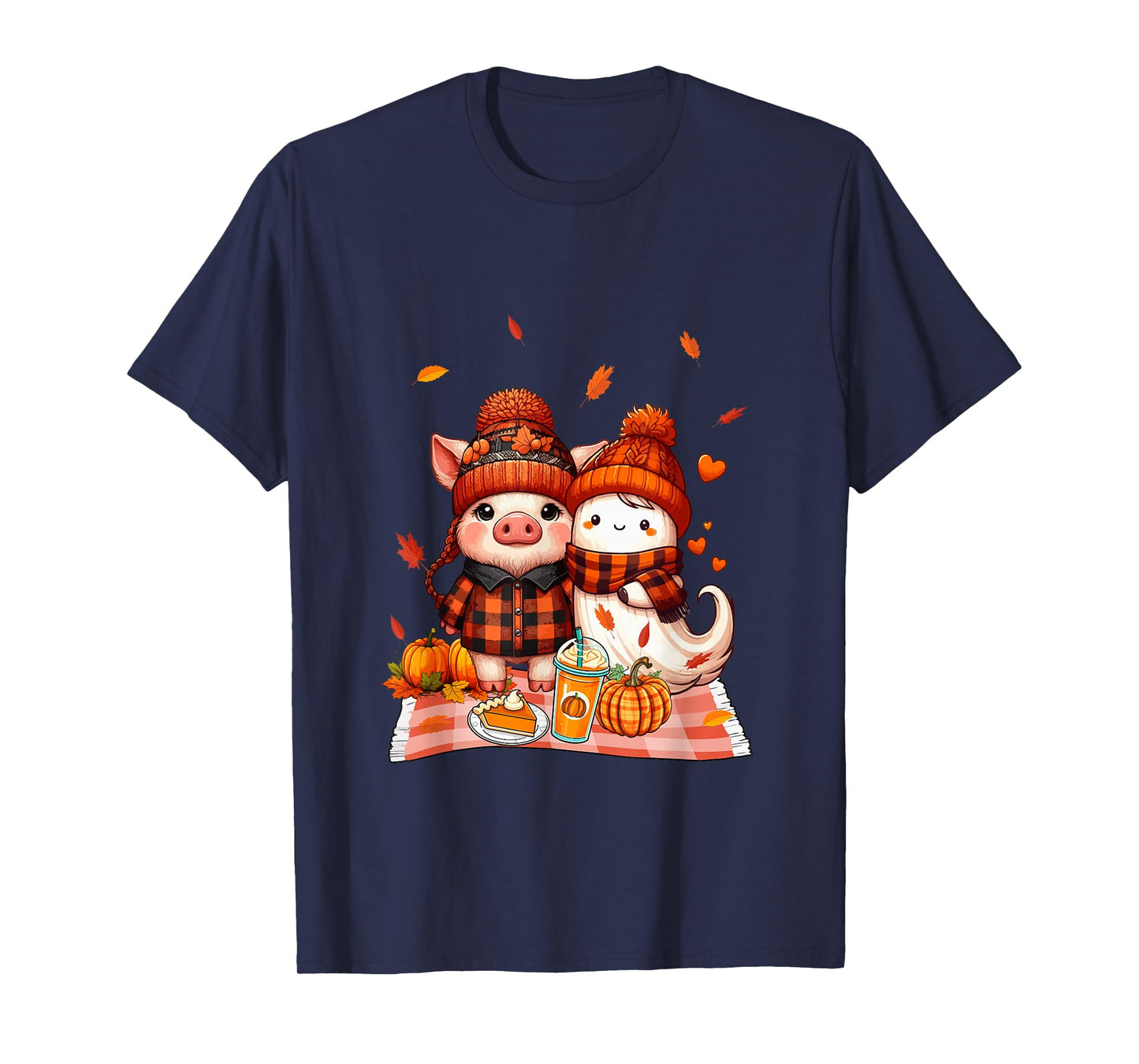 Pig with Boo Halloween Thanksgiving Fall Leaves Pumpkins T-Shirt