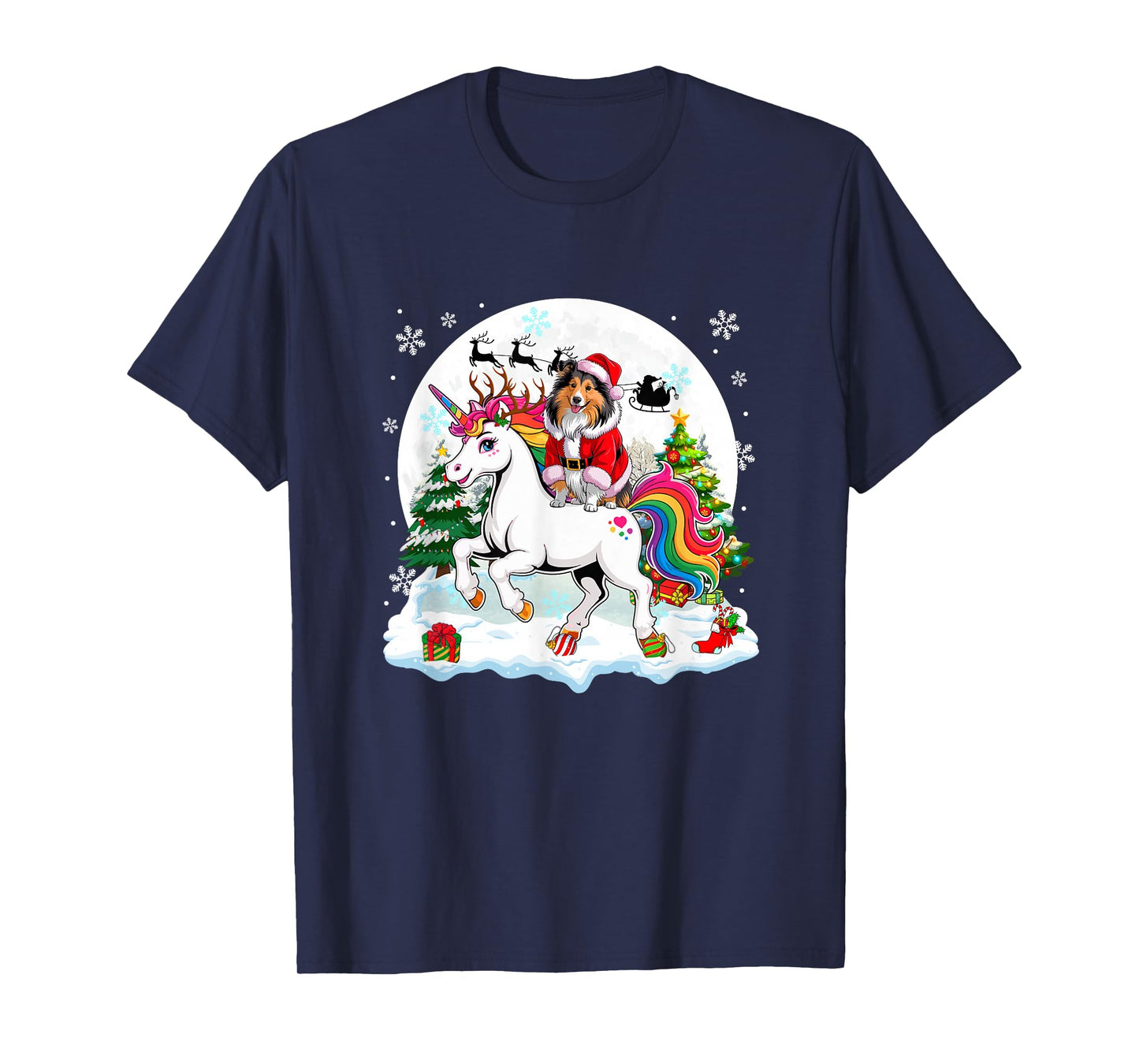 Santa Sheltie Riding Unicorn Reindeer Christmas Owner Kids T-Shirt