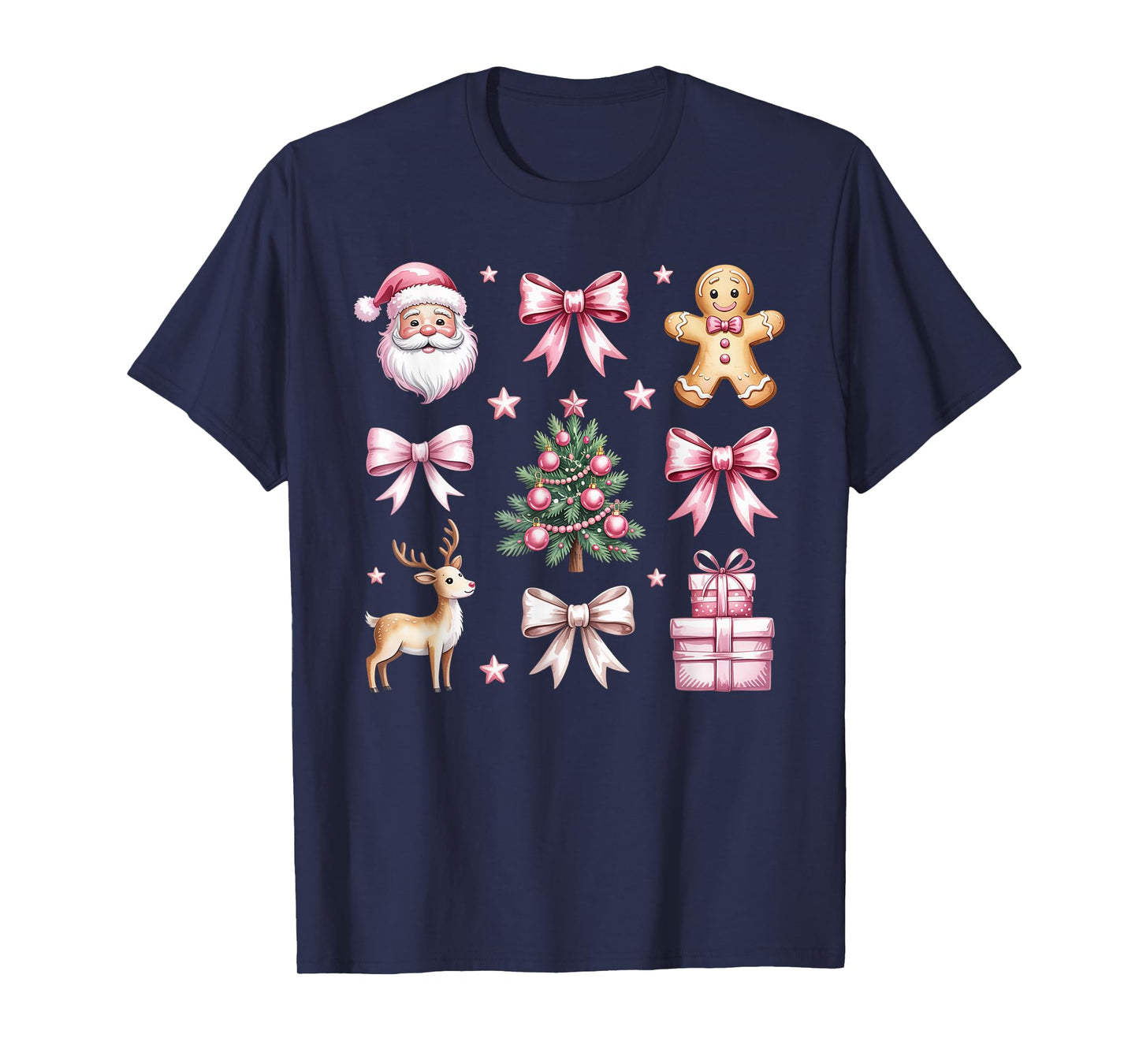 Cute Coquette Bow Pink Christmas Tree Santa Gingerbread Xmas T-Shirt