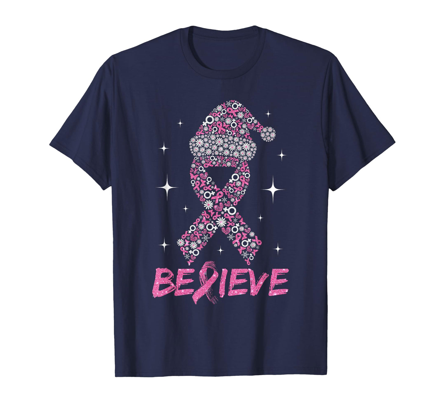 Believe Pink Ribbon with Santa Hat Christmas Breast Cancer T-Shirt