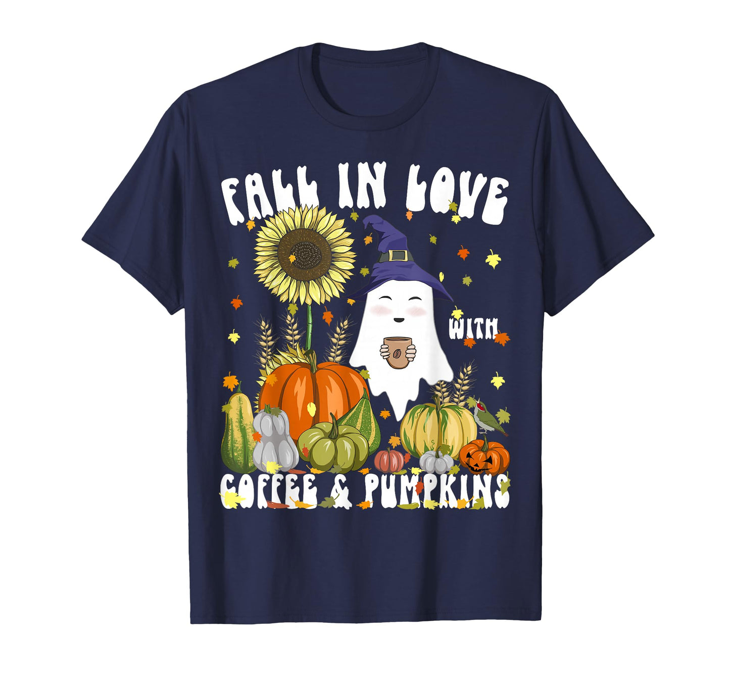 Fall in Love with Coffee & Pumpkins Witch Ghost Halloween T-Shirt