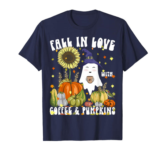 Fall in Love with Coffee & Pumpkins Witch Ghost Halloween T-Shirt