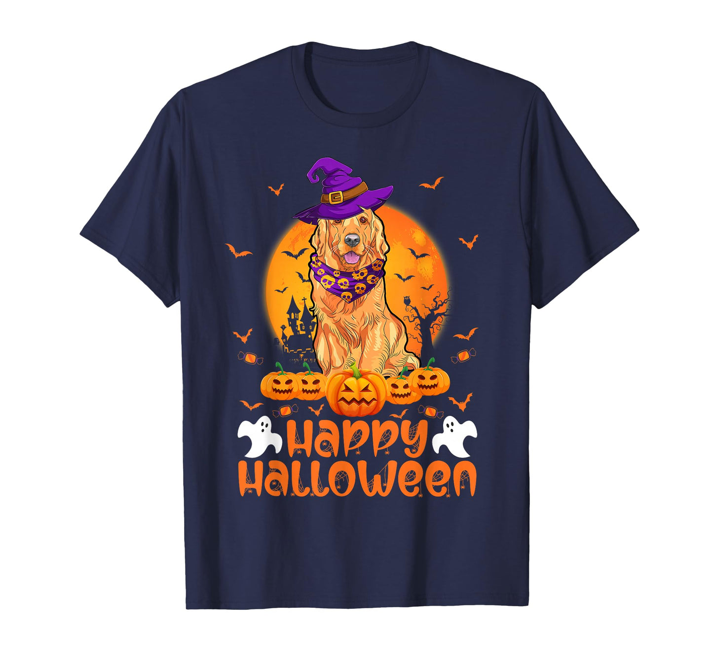 Vintage Pumpkin Golden Retriever Witch Lucy Dog Halloween T-Shirt