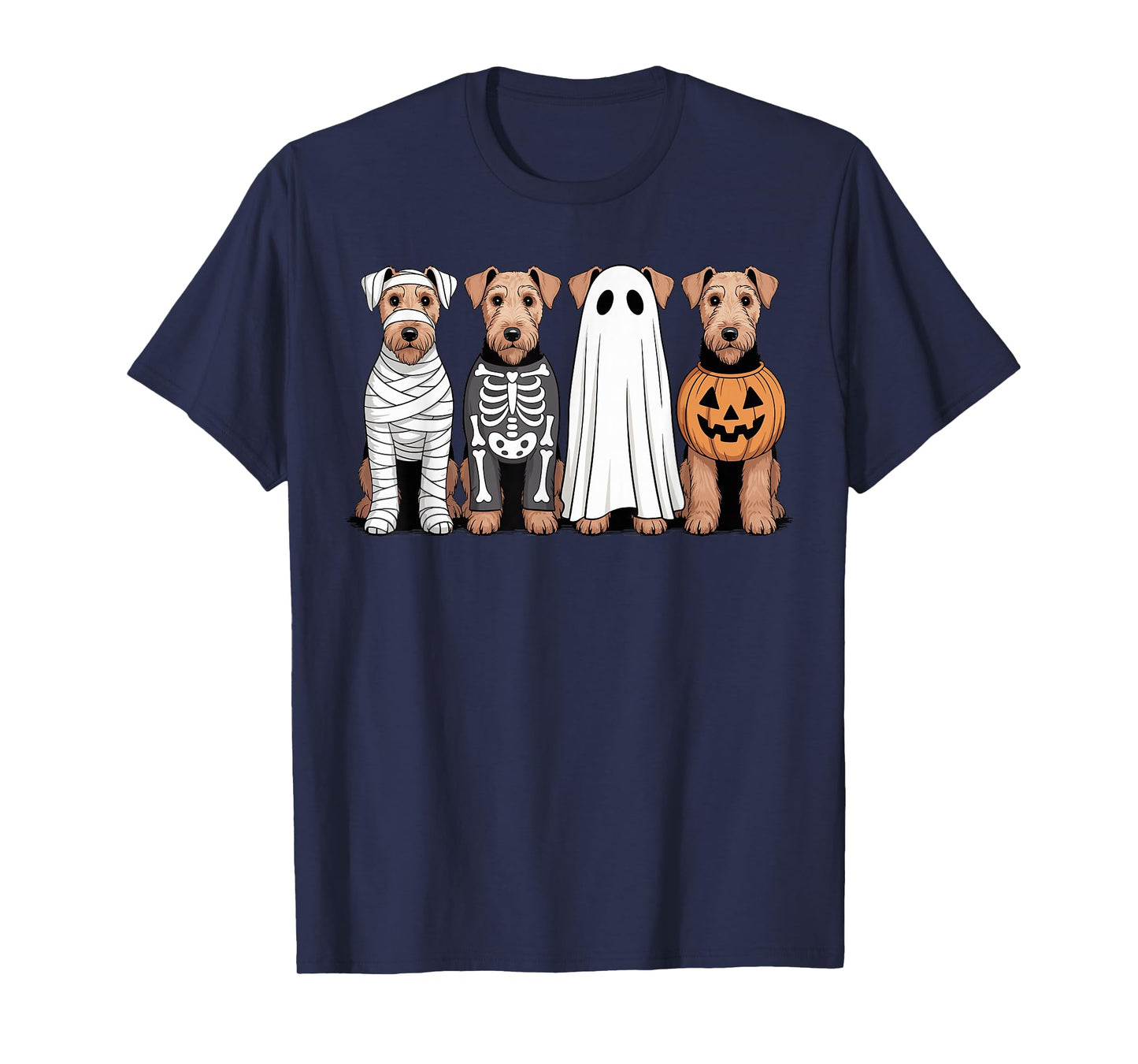 Spooky Ghost Airedale Terrier Pumpkin Halloween Dog Skeleton T-Shirt