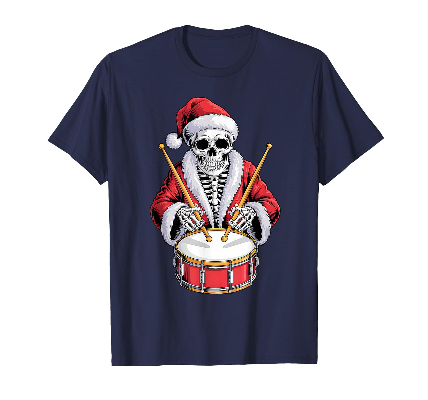 Santa Skeleton Playing Drum Percussionist Drummer Christmas T-Shirt