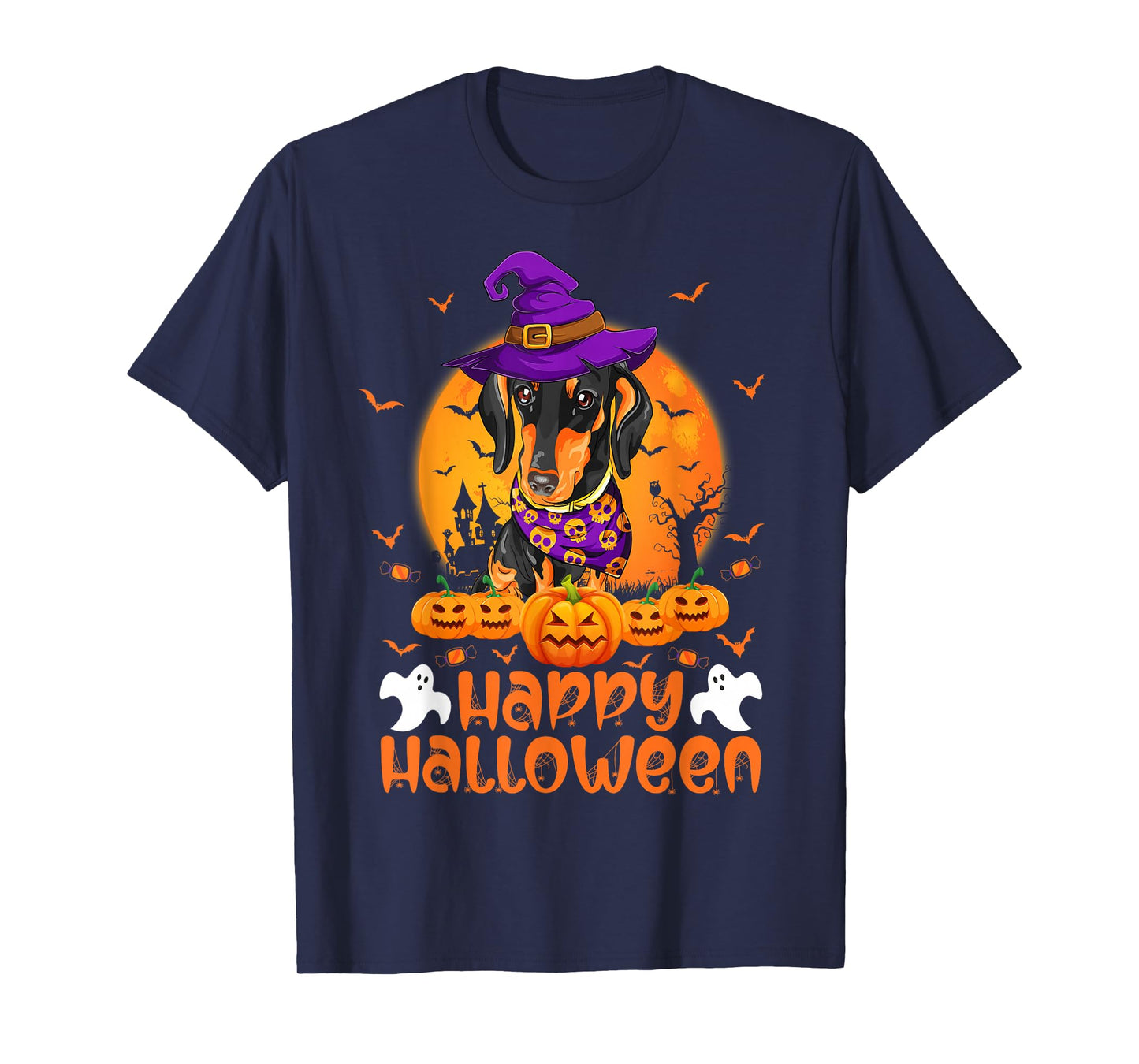 Vintage Pumpkin Dachshund Dog Witch Funny Halloween Costume T-Shirt