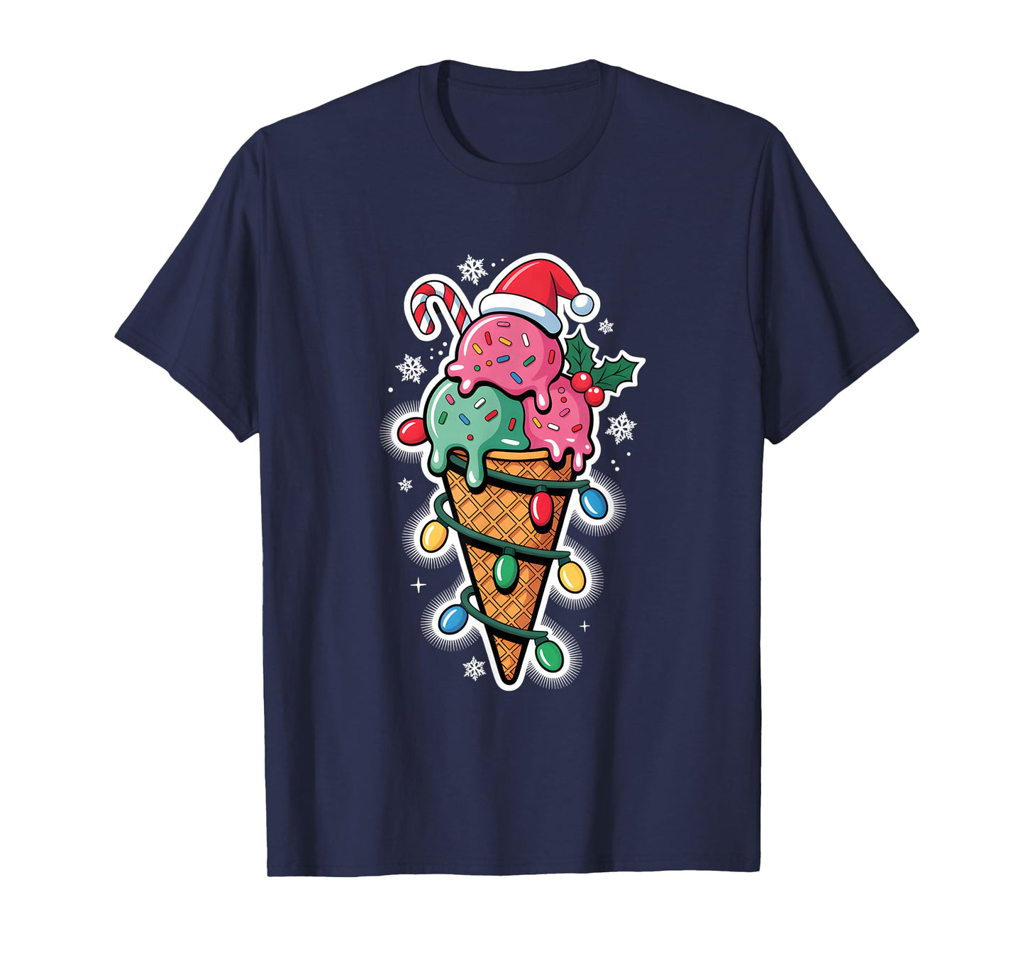 Christmas Lights Ice Cream Cone Santa Hat for Women Kids T-Shirt