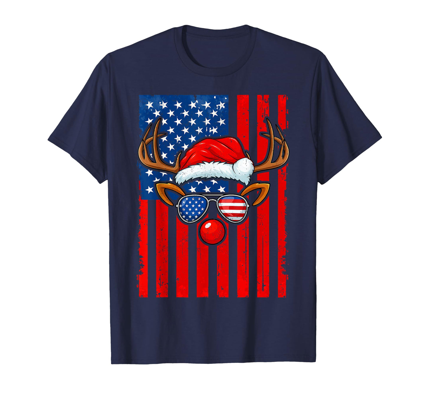 Vintage Rudolph Rednose Santa Hat Us Flag Christmas Xmas Men T-Shirt