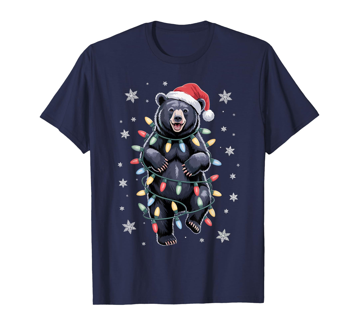 Christmas Bear Santa Hat Holiday Black Winter Vibes Funny T-Shirt