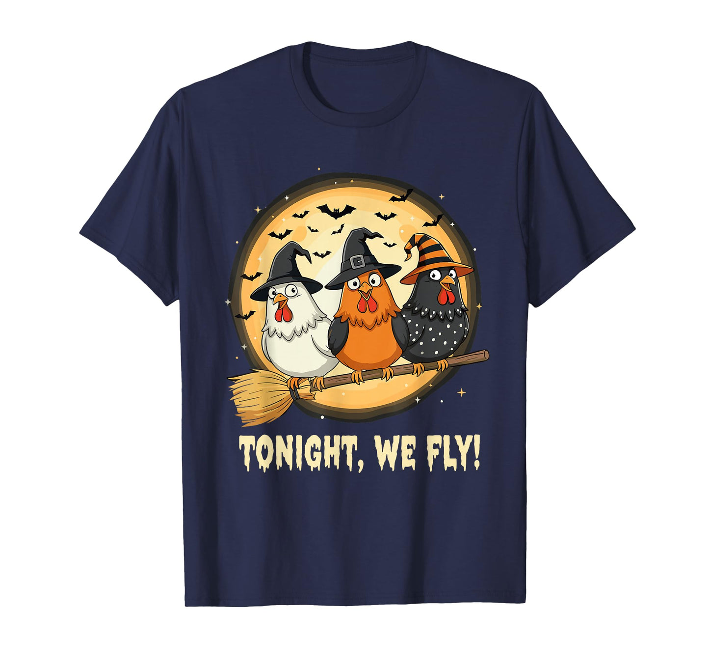 Halloween Witch Chickens Broomstick Funny Spooky Moon Tee T-Shirt