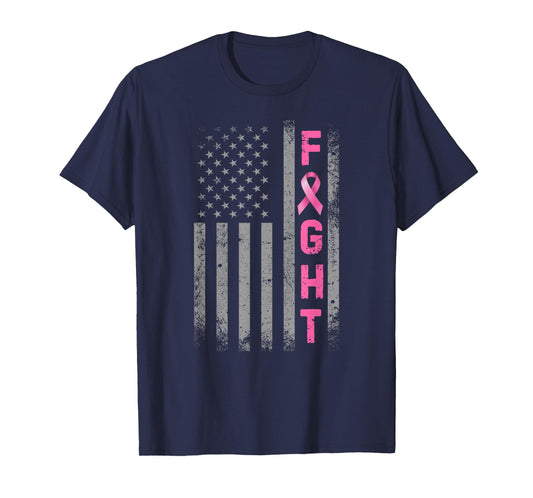 Fight Breast Cancer Awareness Pink Ribbon USA American Flag T-Shirt